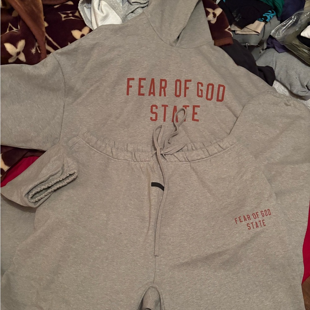 Fear of God Gray Hoodie with Red Text